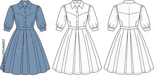 Women button down midi dress flat sketch, puff sleeve shirt dress design, pleated skirt fashion CAD drawing, vector illustration