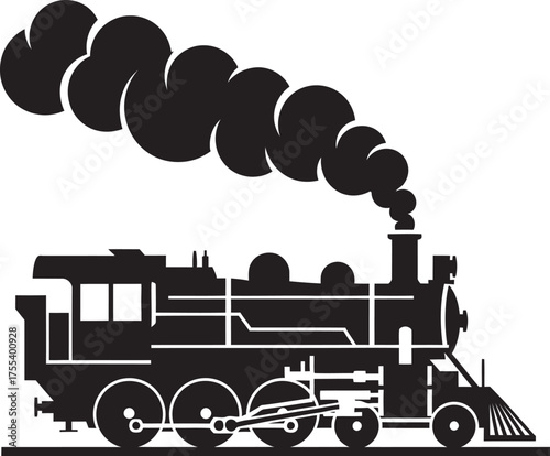Classic steam locomotive silhouette with billowing smoke - vintage power and industrial heritage