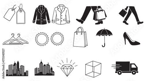 A collection of black and white shopping and fashion icons - urban retail and consumer lifestyle.