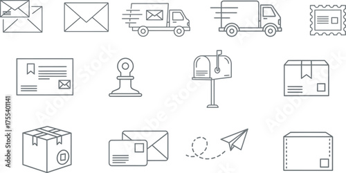 Collection of mail and delivery line art icons - essential postal and shipping services