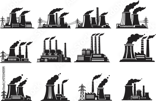 Dark silhouettes of industrial factories with smoking chimneys and power lines - symbolizing manufacturing, energy, and environmental impact.
