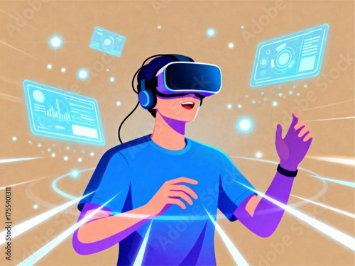 Immersive virtual reality experience Young person exploring a futuristic digital world and interacting with glowing holographic interfaces