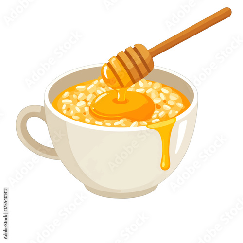 Oatmeal Porridge in White Mug with Honey Drizzle and Dipper on Neutral Backdrop in Pixel Art Style