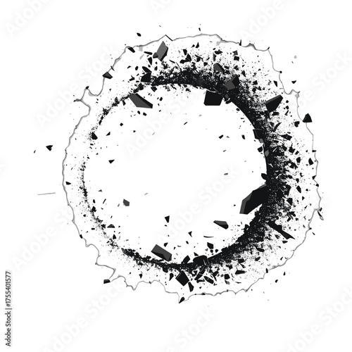 Abstract Ring of Debris Explosion on White Background with Dark Particles and Sharp Geometric Fragments Destruction Impact Detailed Texture
