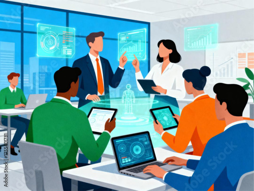 Business Team Meeting with Holographic Technology Interface