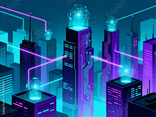 Futuristic smart city with glowing skyscrapers interconnected by a luminous data network