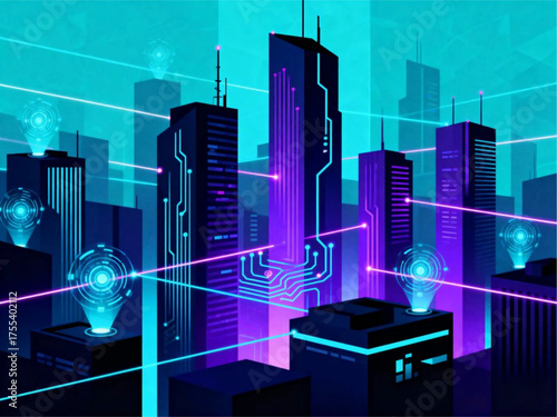 Futuristic Tech Cityscape Circuit Buildings and Light Beams
