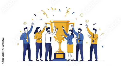 Celebrating Corporate Success Team With Golden Trophy, Vector Illustration, Cheering Crowd