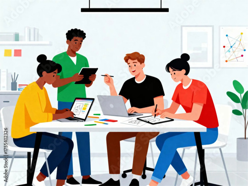 Diverse team collaborating on a project at a modern office table, brainstorming ideas and working on laptops