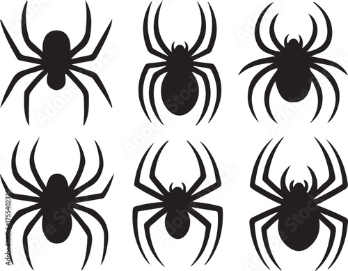 Six silhouettes of spiders in various poses on a white background