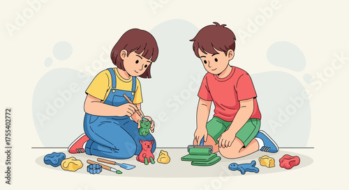 Creative Children Enjoying Play-Doh Art, Shaping, And Sculpting Fun On A Light Background