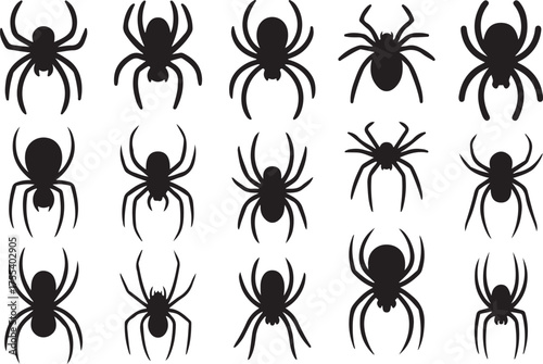 Collection of silhouetted spiders in various poses on a white background