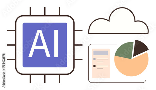 AI processor connected to cloud icon, chart, and analytics dashboard, representing technological advancement. Ideal for artificial intelligence, cloud computing, data analysis, digital