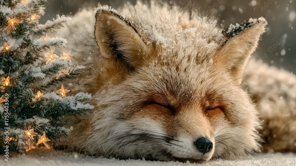 Fototapeta premium A peaceful red fox sleeps soundly in the snow next to a small, illuminated Christmas tree.