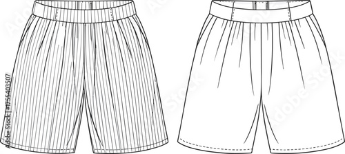 Women’s pleated shorts flat sketch, high waist summer shorts fashion design front and back view, CAD drawing vector illustration
