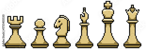 Set pixel chess piece icon vector. Ideal for strategy, game, and intellectual challenge themes. This digital graphic set is perfect for retro game or 8 bit