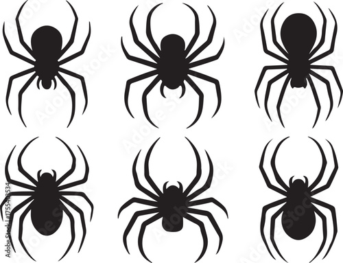 Six black silhouette spiders on a white background for halloween or horror themes