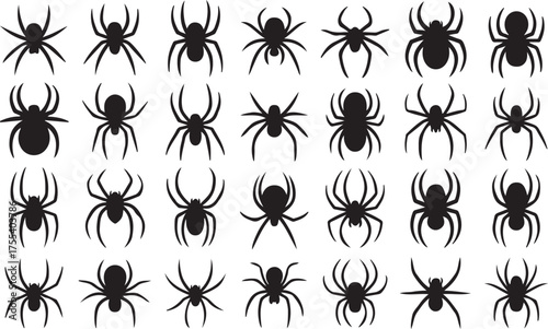 Collection of silhouetted spiders in various poses and styles on white background