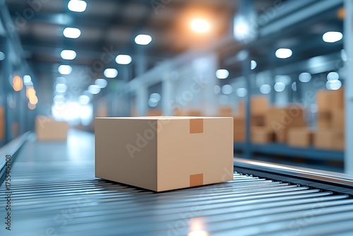 Box on Conveyor Belt in Warehouse with Blurred Background and Soft Lighting Effects