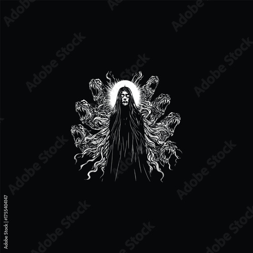 illustration depicting a menacing figure or cult leader with long flowing hair and dark robes