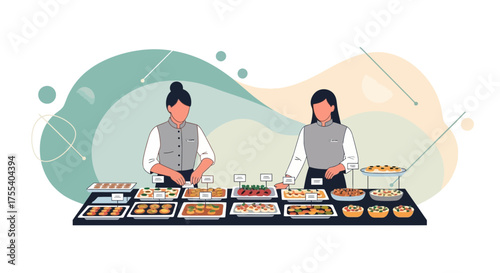 Culinary Presentation Illustration Depicting Professional Waitresses And Tasty Appetizers