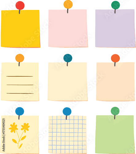 Yellow blank sticky notes with pins for message or reminder on an office board