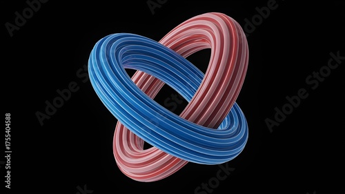 colorful twisted torus shape in 3d abstract style, blue and pink intertwined geometry loop, futuristic minimal sculpture design on dark background illustration