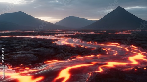 volcanic lava river flowing between dark mountains at sunset, glowing hot magma landscape scene, dramatic nature background with fiery orange light and smoke