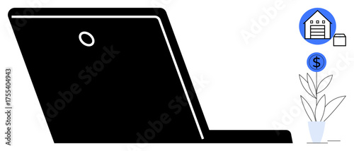 Side view of an open laptop beside icons representing storage, money, and growth with a plant in a pot. Ideal for remote work, e-commerce, savings, productivity, home business, minimalism simple
