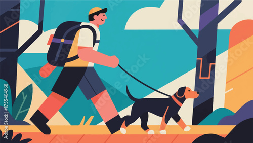 Illustration Of Person Walking A Dog With A Backpack, Suggesting A Longer Hike Or Adventure Vector Design Template