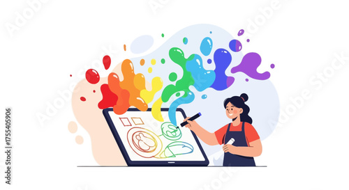 Creative Artist Painting Colorful Designs Digitally On A Tablet For Innovative Illustrations