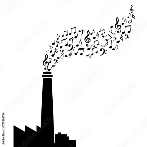 Silhouette Illustration of Factory Chimney Emitting Musical Notes on White Background