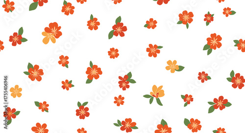 A scattered pattern of small orange and yellow flowers with green leaves on a white background.