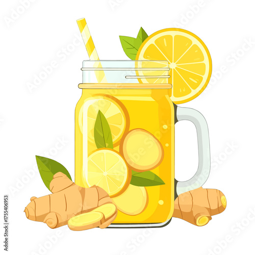 Refreshing Ginger Lemon Drink in Glass Jar with Straw and Mint Leaves on White Background