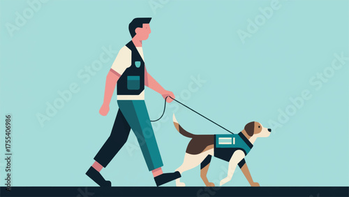 Illustration Of Person Walking A Service Dog, With The Dog Wearing A Vest And Looking Attentive Vector Design Template