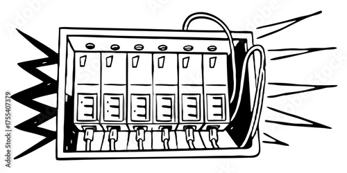 Electrical fusebox panel with multiple fuses and wires electricity power distribution system circuit breaker box