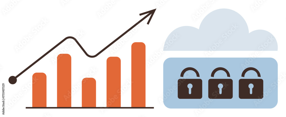 Obraz premium Orange bar chart with upward trend arrow beside secured cloud with three lock icons. Ideal for data growth, cybersecurity, cloud storage, analytics, technology, finance, business. Simple flat
