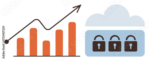Orange bar chart with upward trend arrow beside secured cloud with three lock icons. Ideal for data growth, cybersecurity, cloud storage, analytics, technology, finance, business. Simple flat