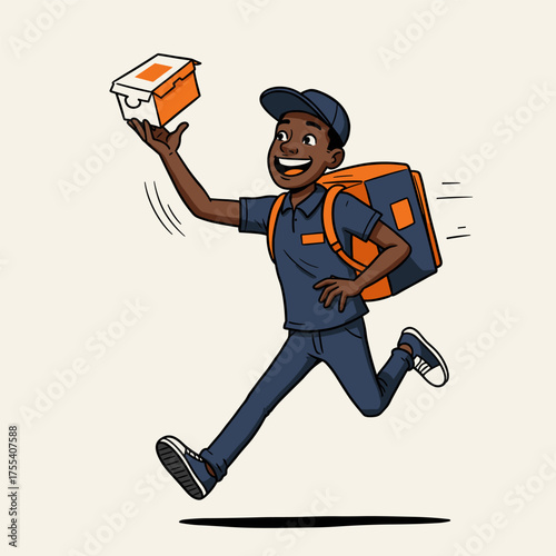 A happy, dark-skinned cartoon delivery man in a blue uniform and an orange backpack is running fast while holding up a small food box.