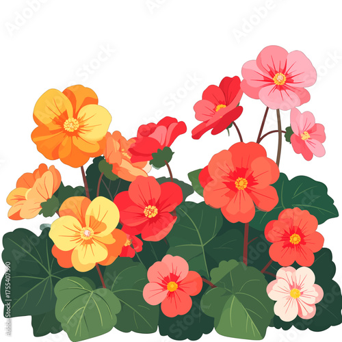Assortment of Colorful Pixelated Flowers with Green Leaves on White Background Digital Art Illustration