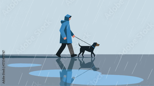Illustration Of Person Walking Their Dog In The Rain, Both Wearing Rain Gear, With Puddles And Reflections Vector Design Template