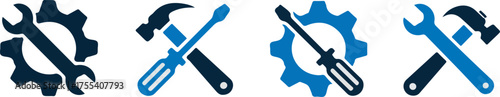 Assorted Blue Tool Icons Wrench, Hammer, Screwdriver, and Gear on a White Background