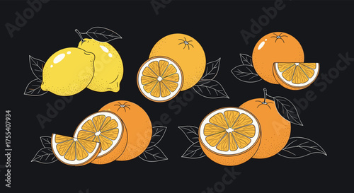 A vibrant assortment of fresh citrus fruits including lemons and oranges depicted in a graphic style.