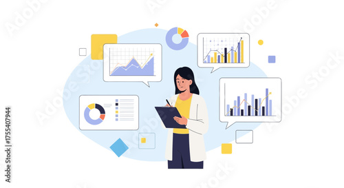 Data Analyst Woman Analyzing Business Charts and Financial Graphs for Insights Visualization