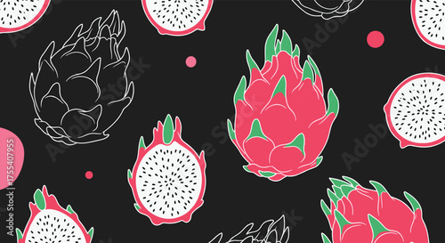 A vibrant and visually appealing background pattern featuring dragon fruit illustrations on a dark surface.