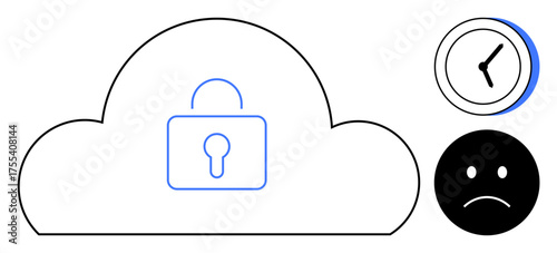 Cloud with padlock symbolizing security, clock indicating time, sad face representing dissatisfaction. Ideal for cybersecurity, data privacy, time management, frustration, online safety, technology