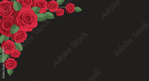 Elegant red roses adorning a dark background with delicate green leaves creating a beautiful floral design.