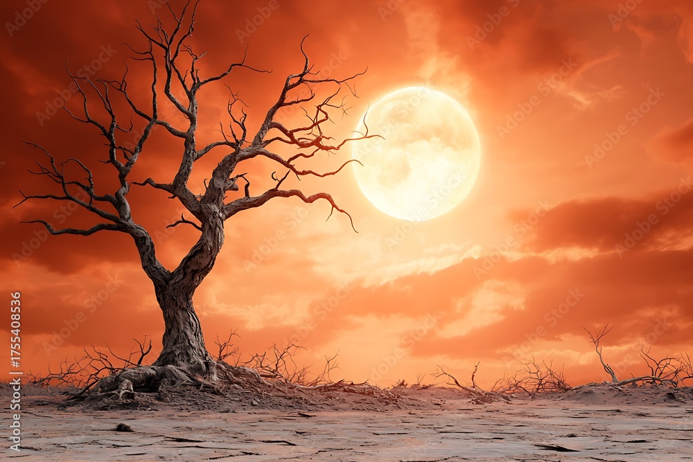 Fototapeta premium Barren Tree Silhouetted Against Dramatic Orange Sky and Full Moon at Dusk