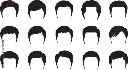 Assortment of Fifteen Stylized Silhouettes Featuring Various Men's Hairstyles Isolated on a White Background