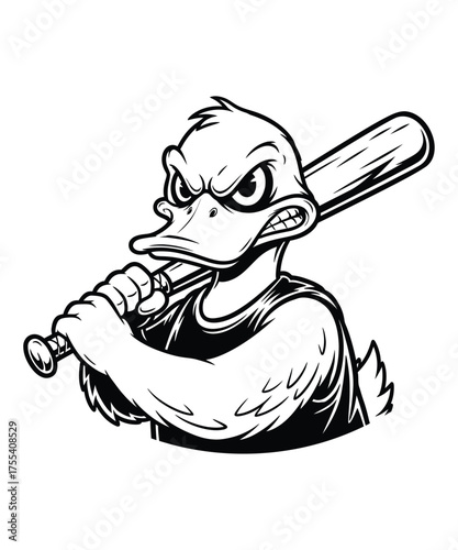 Furious Duck Mascot Brandishing a Baseball Bat Ready for a Fight Depicted in a Black and White Illustration
